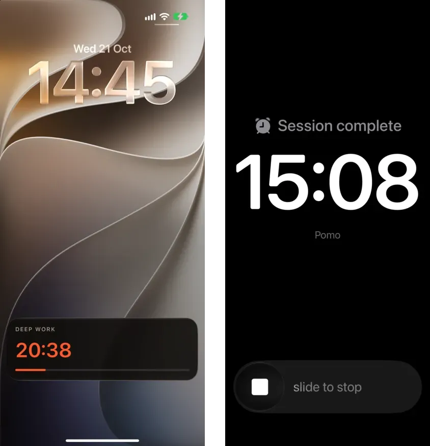 Left: with the alarm on, the lock screen shows AlarmKit’s countdown, titled DEEP WORK, at 20:38. Right: at the end of the session, the system alarm fills the screen with Session complete, the time, Pomo and slide to stop