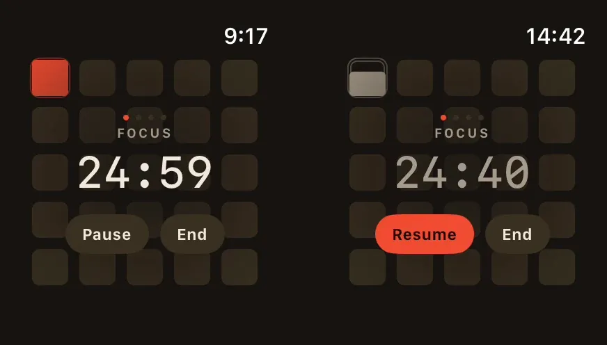 Pomo on Apple Watch: a running focus at 24:59 with Pause and End, and the same focus paused at 24:40 with Resume and End