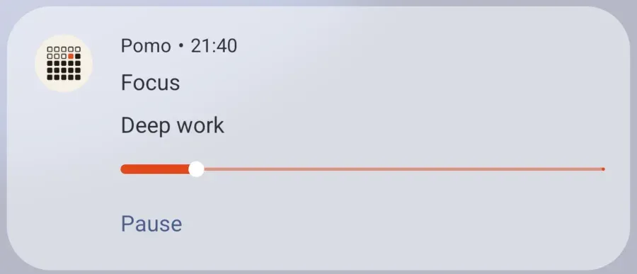 Pomo’s Live Update in the Android 16 notification shade: Pomo · 21:40, Focus, Deep work, an orange progress bar and Pause