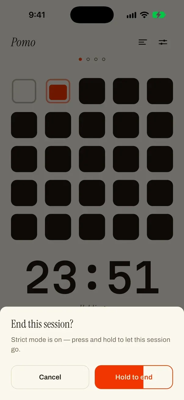 Pomo’s End sheet in strict mode: Cancel, and a Hold to end button filling as it is held