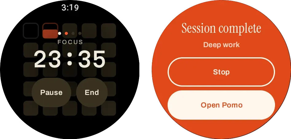 Pomo on a round Wear OS watch: a focus running at 23:35 on the Grid face with Pause and End, and the end-of-session alert in Pomo’s orange reading Session complete, Deep work, with Stop above Open Pomo